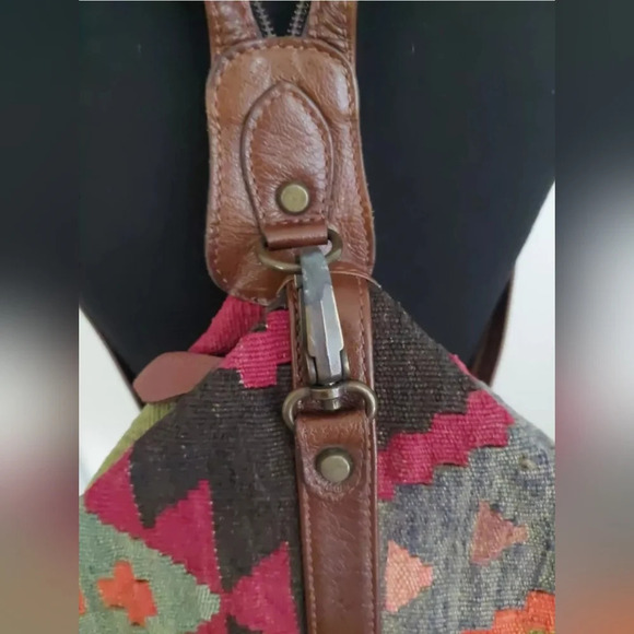 Turkish Wool Kilim Carpe backpack-bag Bohemian Tapestry Leather Straps Indiecore - Picture 2 of 11